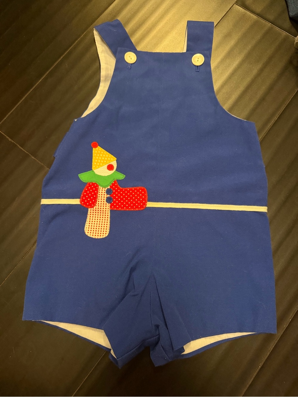 Vintage Blue Kids Shortall romper Jon Jon with Colorful Clown Applique Euc